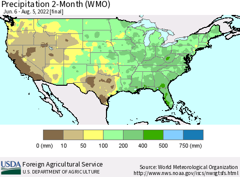 United States Precipitation 2-Month (WMO) Thematic Map For 6/6/2022 - 8/5/2022