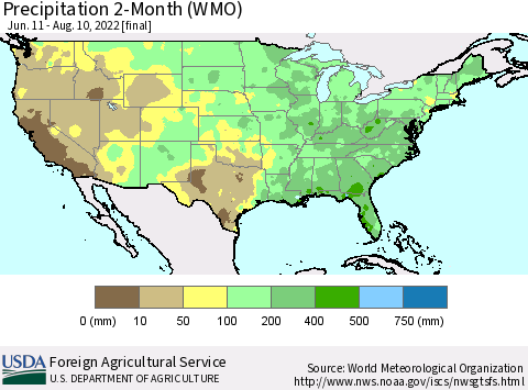 United States Precipitation 2-Month (WMO) Thematic Map For 6/11/2022 - 8/10/2022