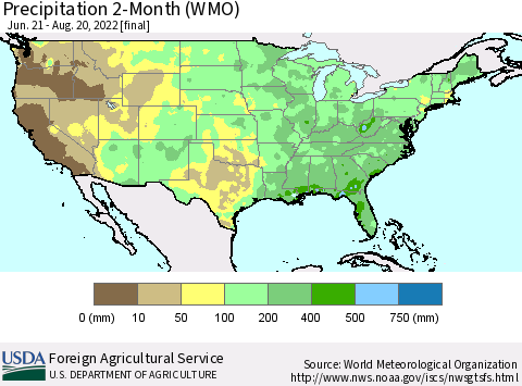 United States Precipitation 2-Month (WMO) Thematic Map For 6/21/2022 - 8/20/2022