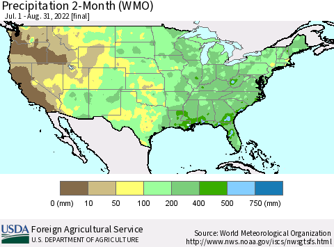 United States Precipitation 2-Month (WMO) Thematic Map For 7/1/2022 - 8/31/2022