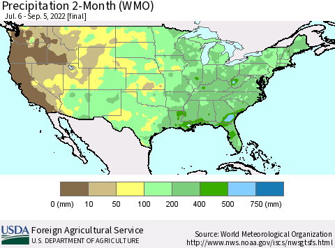 United States Precipitation 2-Month (WMO) Thematic Map For 7/6/2022 - 9/5/2022