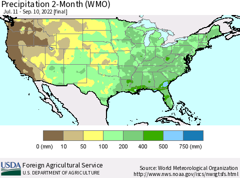 United States Precipitation 2-Month (WMO) Thematic Map For 7/11/2022 - 9/10/2022