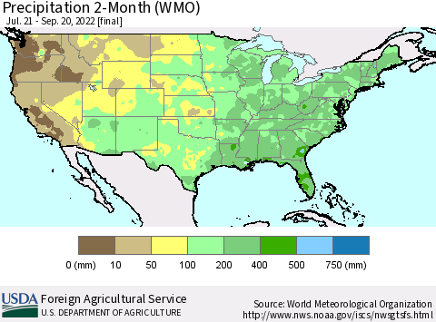 United States Precipitation 2-Month (WMO) Thematic Map For 7/21/2022 - 9/20/2022