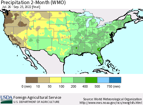 United States Precipitation 2-Month (WMO) Thematic Map For 7/26/2022 - 9/25/2022