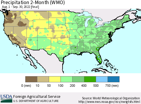 United States Precipitation 2-Month (WMO) Thematic Map For 8/1/2022 - 9/30/2022