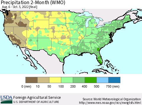 United States Precipitation 2-Month (WMO) Thematic Map For 8/6/2022 - 10/5/2022