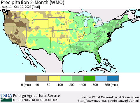 United States Precipitation 2-Month (WMO) Thematic Map For 8/11/2022 - 10/10/2022