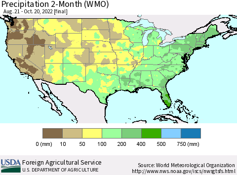 United States Precipitation 2-Month (WMO) Thematic Map For 8/21/2022 - 10/20/2022