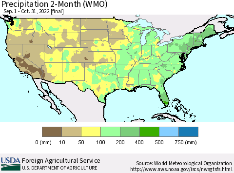 United States Precipitation 2-Month (WMO) Thematic Map For 9/1/2022 - 10/31/2022