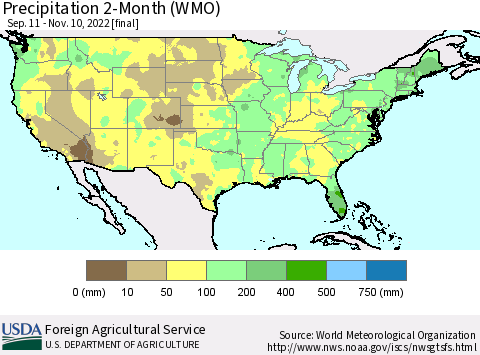 United States Precipitation 2-Month (WMO) Thematic Map For 9/11/2022 - 11/10/2022