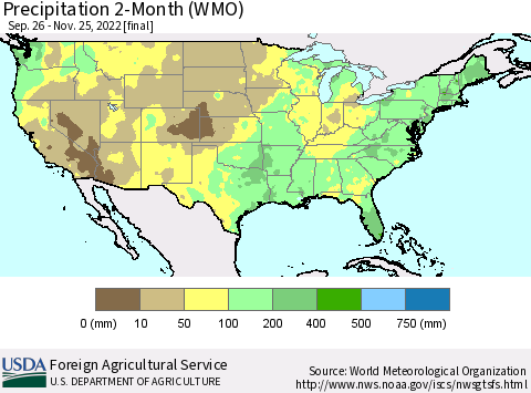 United States Precipitation 2-Month (WMO) Thematic Map For 9/26/2022 - 11/25/2022