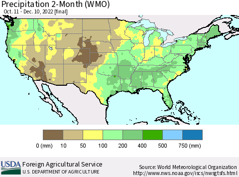 United States Precipitation 2-Month (WMO) Thematic Map For 10/11/2022 - 12/10/2022
