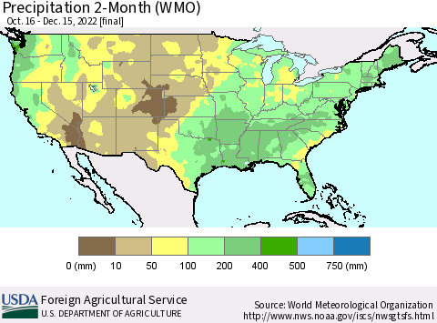 United States Precipitation 2-Month (WMO) Thematic Map For 10/16/2022 - 12/15/2022