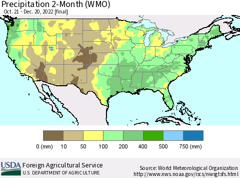United States Precipitation 2-Month (WMO) Thematic Map For 10/21/2022 - 12/20/2022