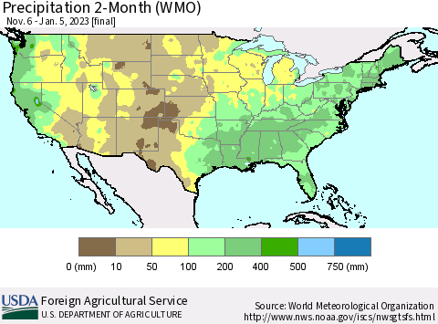 United States Precipitation 2-Month (WMO) Thematic Map For 11/6/2022 - 1/5/2023