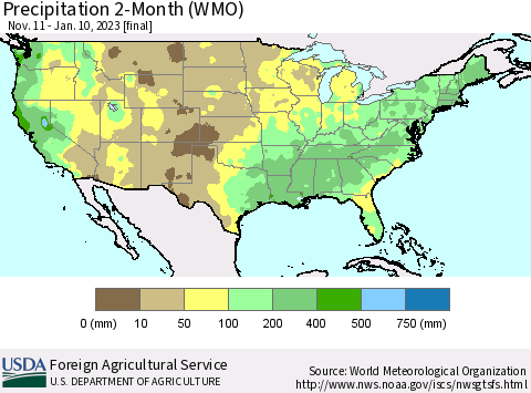 United States Precipitation 2-Month (WMO) Thematic Map For 11/11/2022 - 1/10/2023