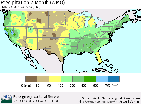 United States Precipitation 2-Month (WMO) Thematic Map For 11/26/2022 - 1/25/2023