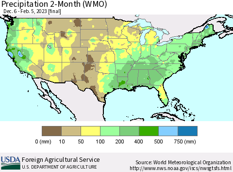 United States Precipitation 2-Month (WMO) Thematic Map For 12/6/2022 - 2/5/2023