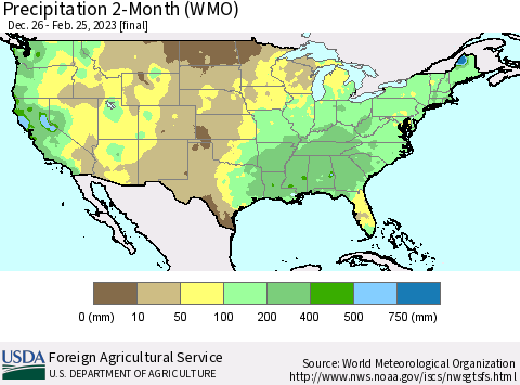 United States Precipitation 2-Month (WMO) Thematic Map For 12/26/2022 - 2/25/2023