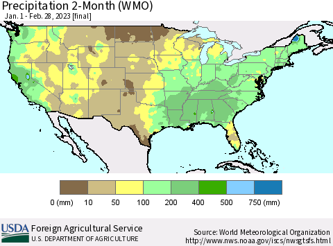 United States Precipitation 2-Month (WMO) Thematic Map For 1/1/2023 - 2/28/2023