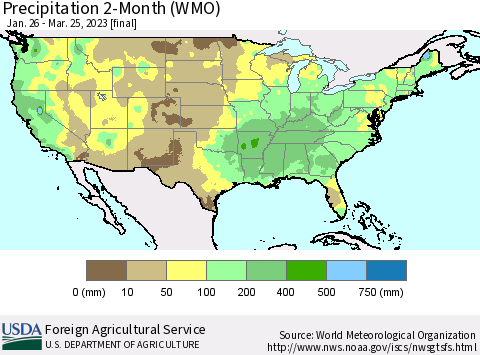 United States Precipitation 2-Month (WMO) Thematic Map For 1/26/2023 - 3/25/2023
