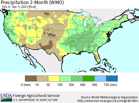 United States Precipitation 2-Month (WMO) Thematic Map For 2/6/2023 - 4/5/2023