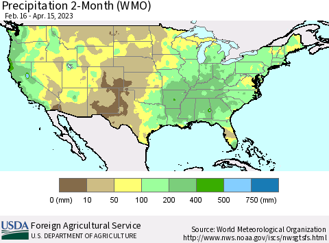 United States Precipitation 2-Month (WMO) Thematic Map For 2/16/2023 - 4/15/2023