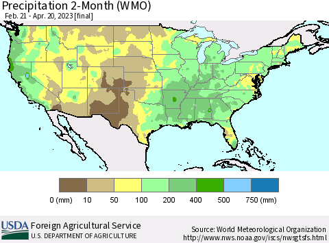 United States Precipitation 2-Month (WMO) Thematic Map For 2/21/2023 - 4/20/2023