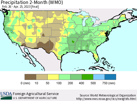 United States Precipitation 2-Month (WMO) Thematic Map For 2/26/2023 - 4/25/2023