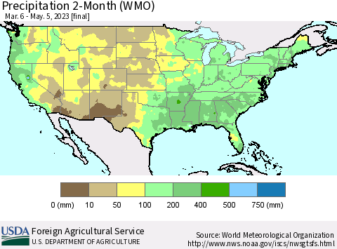 United States Precipitation 2-Month (WMO) Thematic Map For 3/6/2023 - 5/5/2023