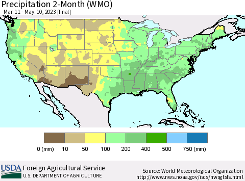 United States Precipitation 2-Month (WMO) Thematic Map For 3/11/2023 - 5/10/2023