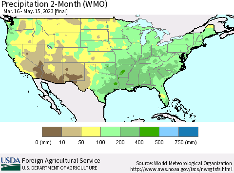 United States Precipitation 2-Month (WMO) Thematic Map For 3/16/2023 - 5/15/2023