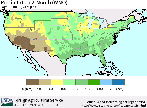United States Precipitation 2-Month (WMO) Thematic Map For 4/6/2023 - 6/5/2023