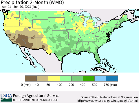 United States Precipitation 2-Month (WMO) Thematic Map For 4/11/2023 - 6/10/2023
