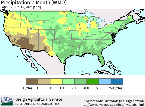 United States Precipitation 2-Month (WMO) Thematic Map For 4/16/2023 - 6/15/2023