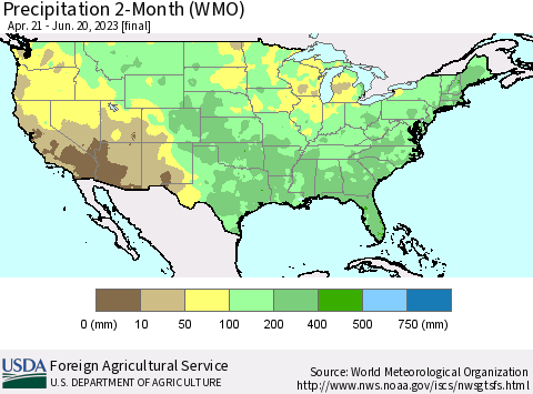 United States Precipitation 2-Month (WMO) Thematic Map For 4/21/2023 - 6/20/2023