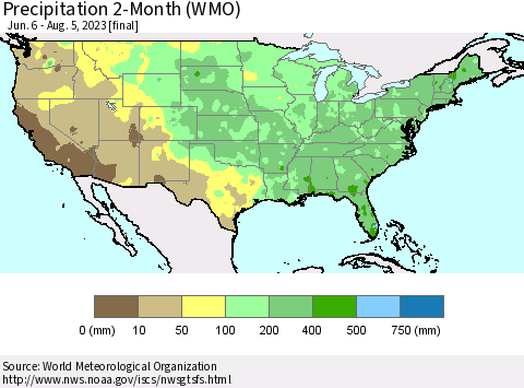 United States Precipitation 2-Month (WMO) Thematic Map For 6/6/2023 - 8/5/2023