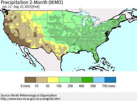 United States Precipitation 2-Month (WMO) Thematic Map For 6/11/2023 - 8/10/2023