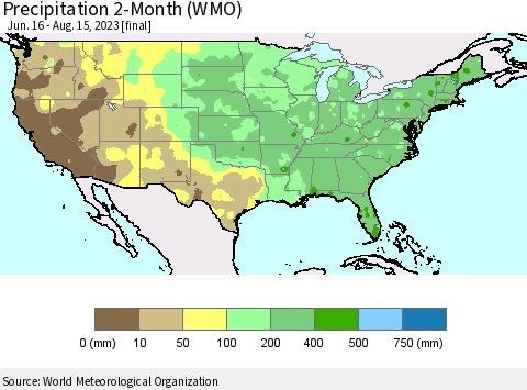 United States Precipitation 2-Month (WMO) Thematic Map For 6/16/2023 - 8/15/2023