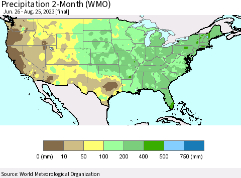United States Precipitation 2-Month (WMO) Thematic Map For 6/26/2023 - 8/25/2023