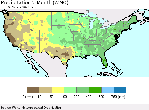 United States Precipitation 2-Month (WMO) Thematic Map For 7/6/2023 - 9/5/2023