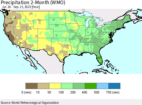 United States Precipitation 2-Month (WMO) Thematic Map For 7/16/2023 - 9/15/2023
