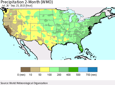 United States Precipitation 2-Month (WMO) Thematic Map For 7/26/2023 - 9/25/2023