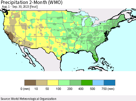 United States Precipitation 2-Month (WMO) Thematic Map For 8/1/2023 - 9/30/2023