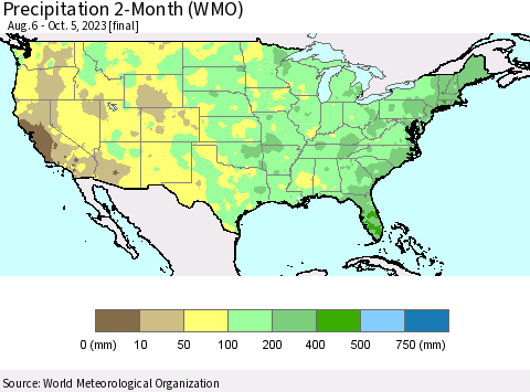 United States Precipitation 2-Month (WMO) Thematic Map For 8/6/2023 - 10/5/2023
