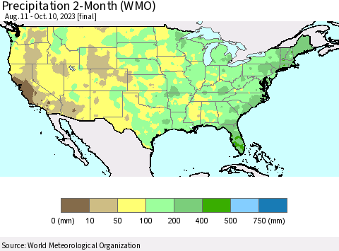 United States Precipitation 2-Month (WMO) Thematic Map For 8/11/2023 - 10/10/2023