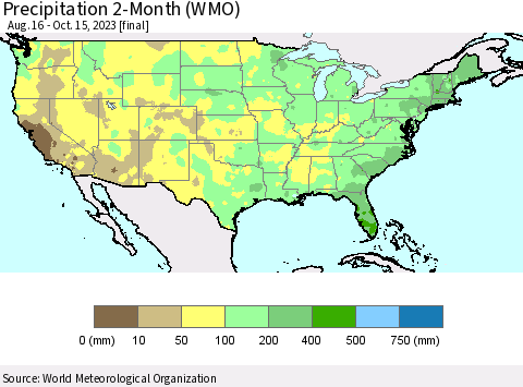 United States Precipitation 2-Month (WMO) Thematic Map For 8/16/2023 - 10/15/2023