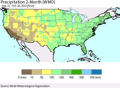 United States Precipitation 2-Month (WMO) Thematic Map For 8/21/2023 - 10/20/2023