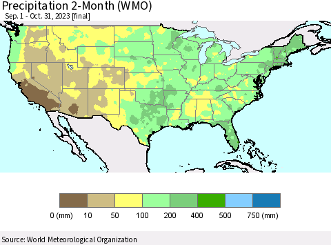 United States Precipitation 2-Month (WMO) Thematic Map For 9/1/2023 - 10/31/2023
