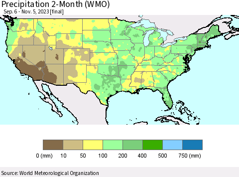 United States Precipitation 2-Month (WMO) Thematic Map For 9/6/2023 - 11/5/2023